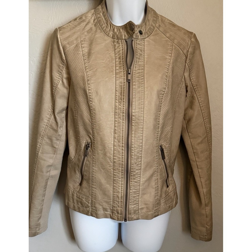 Maurices Faux Leather Jacket Womens Size Small‎ Beige Full Zipper Pockets